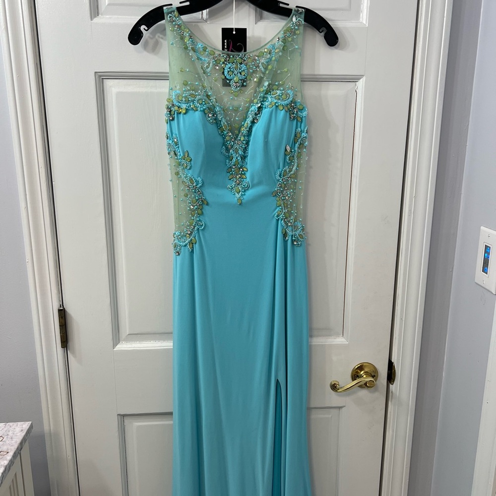 Turquoise Beaded Illusion Neck Prom Gown